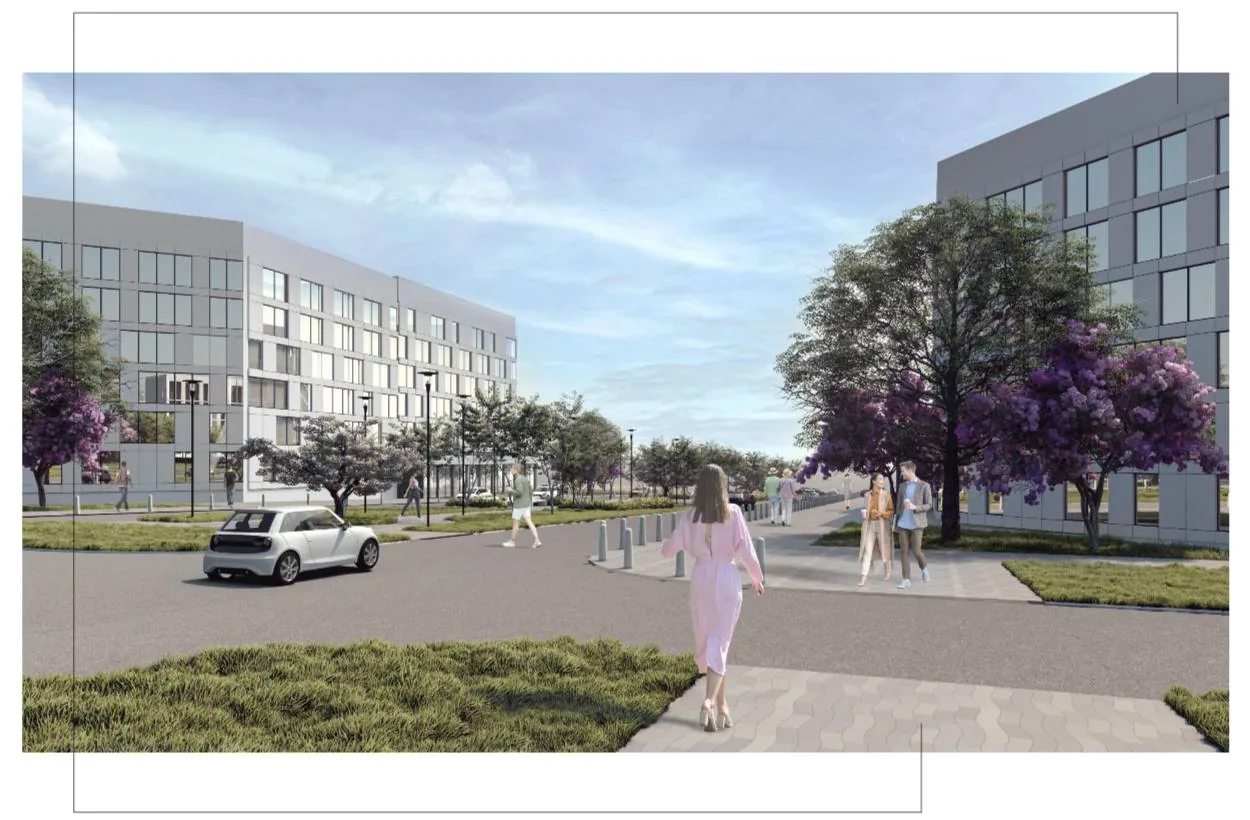 Современный жилой микрорайон с многоэтажными домами, пешеходной зоной и зелеными насаждениями для комфортной семейной жизни