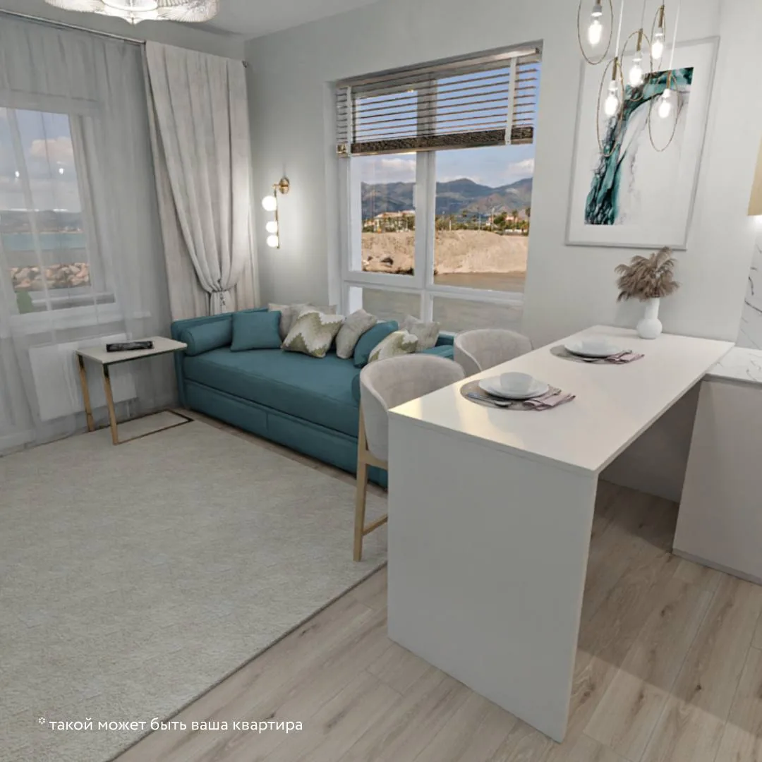 Современная квартира в новостройке с гостиной и кухней, пример пространства для системы умный дом